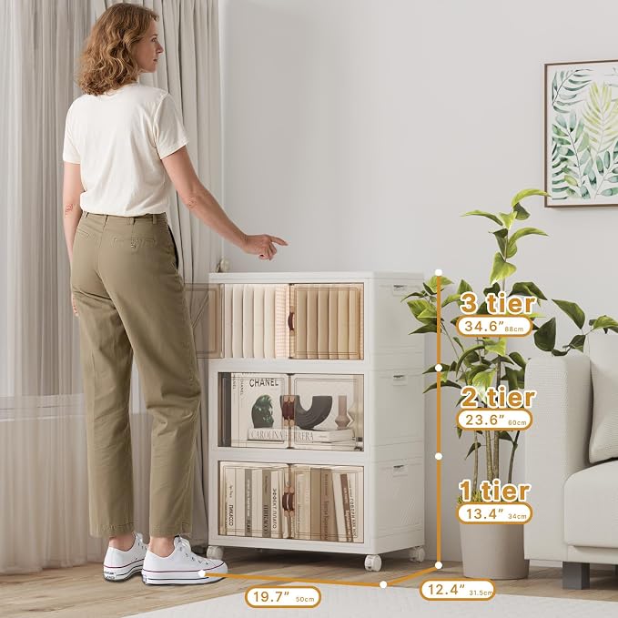 156QT Stackable Storage Bins with Lids,Doors & Wheels | Closet Organizers and Storage Cabinet, Lockable Plastic Foldable Drawers for Bedroom Dorm Office Garage（52QT*3,White） - Image 2