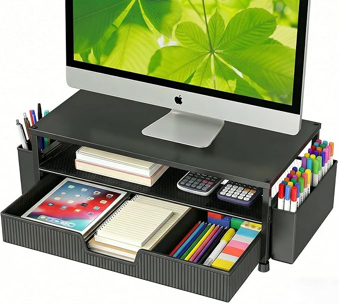 ECOLOVI Desk Organizer and Accessories, 2-Tier Computer Monitor Stand Rise with Storage Drawer & 2 Pen Holders, Laptop & Printer Stand for Desktop, Workspace Organizers for Office Supplies (Black) by ECOLOVI