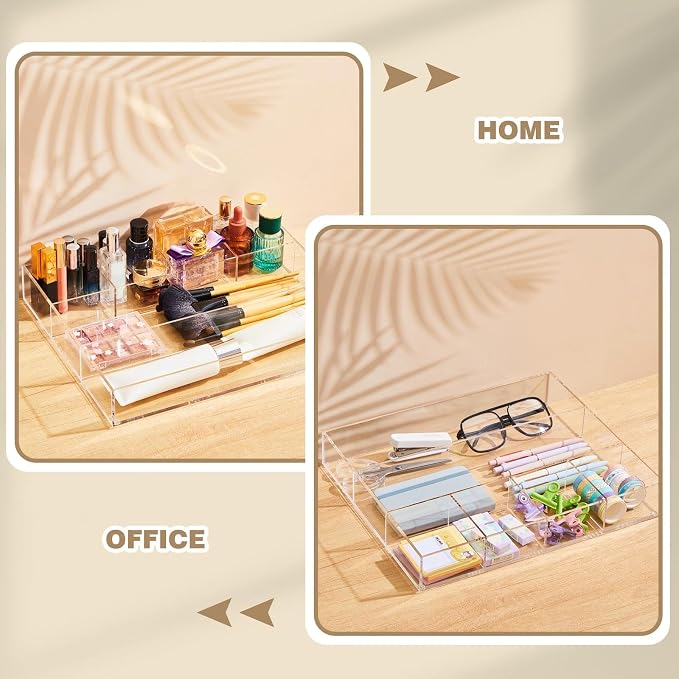 Large Acrylic Desk Deep Drawer Organizer with Adjustable Dividers, Anti-skip Clear Desk Top Junk Drawer Storage Tray for Pens, Desktop, Office, Bathroom, Kitchen, Makeup Supplies(6 Compartments) - Image 6