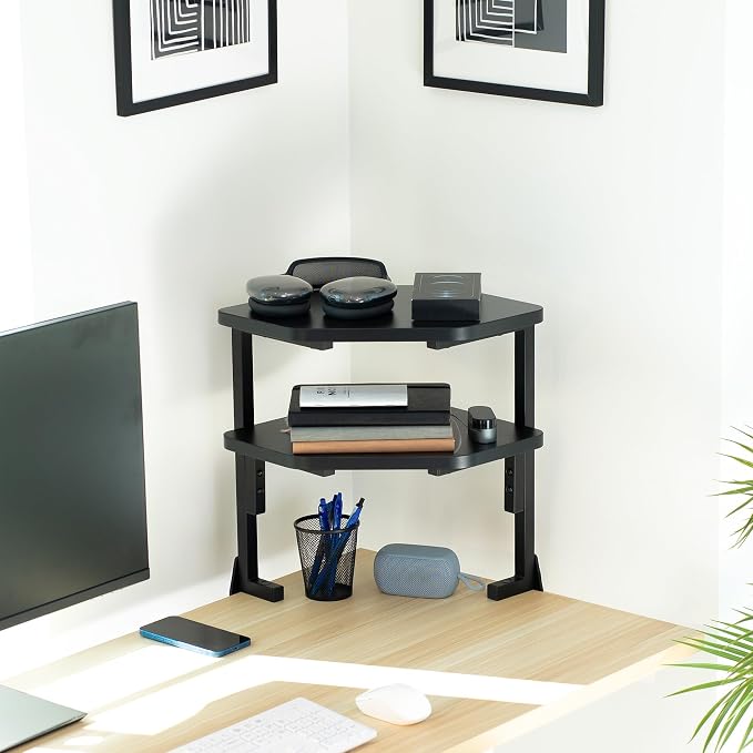 VIVO Corner Clamp-on 17 inch Above or Below Desk 2-Tier Shelving Unit for Table Accessories, Gaming Devices, and More, Storage Desk Attachment Organizer, Black, STAND-SHELF2CR - Image 2