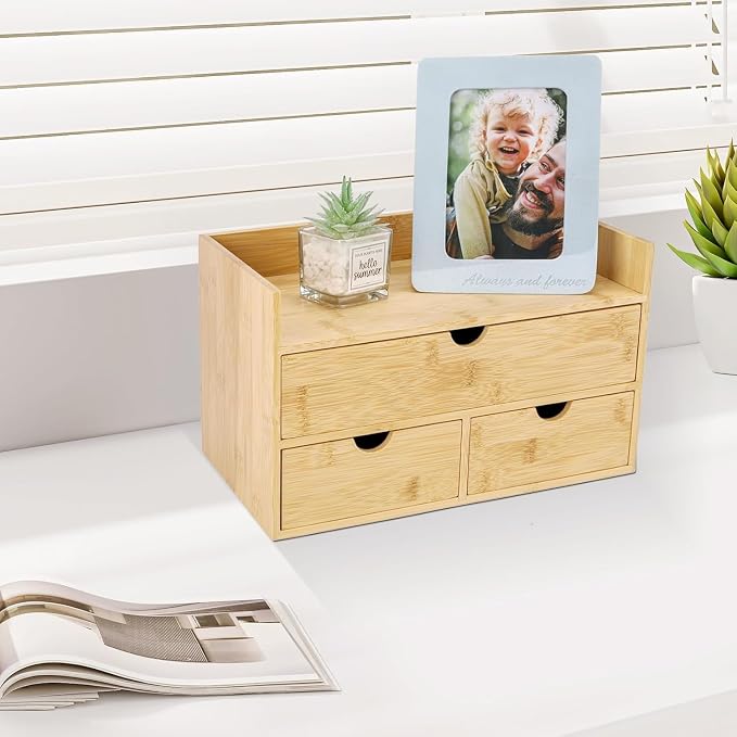 Charmewooden Bamboo Desk Organizer 3 Drawer with shelf, Countertop Organizer with Drawers Makeup Storage Drawer 3 Drawers Tabletop Storage Organization Box Home Office Workspace - Image 6
