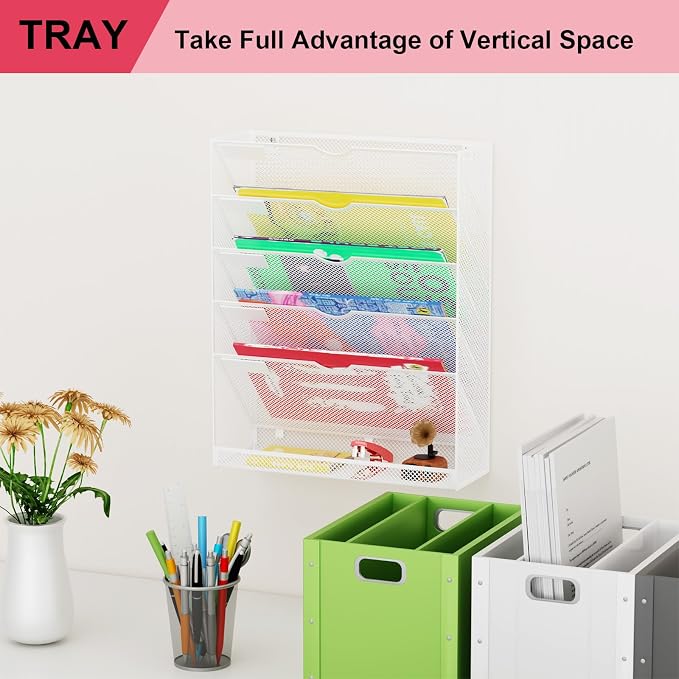 Hanging Wall File Organizer 6 Tier Wall Mounted File Holder Document Wall Organizer Magazine Organization for Office Home, White - Image 7