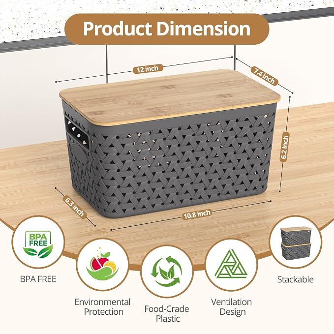 Plastic Storage Bins with Bamboo Lids, Stackable Small Box Baskets for Organizing and Containers for Shelves Drawers Desktop Closet Pantry Classroom Office Home, 4 Pack 12x7.3x6.2 Inch, Gray - Image 2