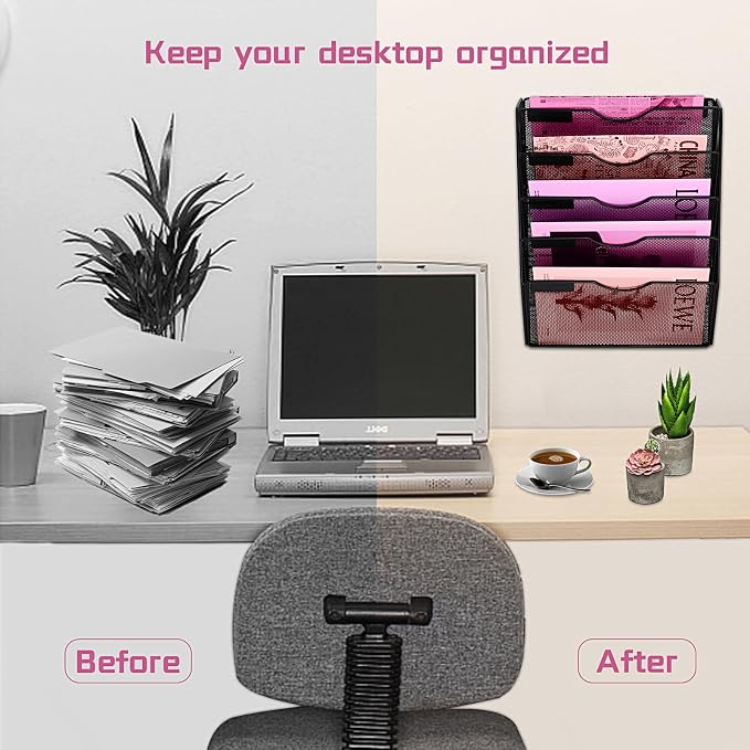 5 Pockets Mesh Wall File Holder Organizer Office Hanging File Folder Magazine Rack, Nametag Label Hooks Set Included (Black) - Image 6