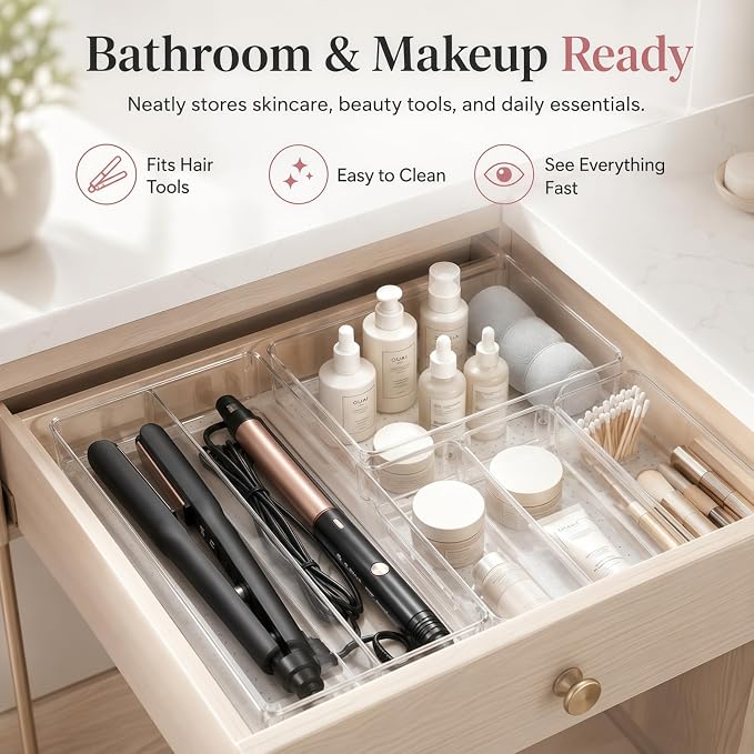 10 Pack Large Drawer Organizer Bins - Clear Plastic Bathroom Drawer Organizer Trays - Heavy Duty Kitchen Drawer Dividers for Utensils - Non-Slip Storage Bins for Makeup, Bedroom, Office Desk - Image 6
