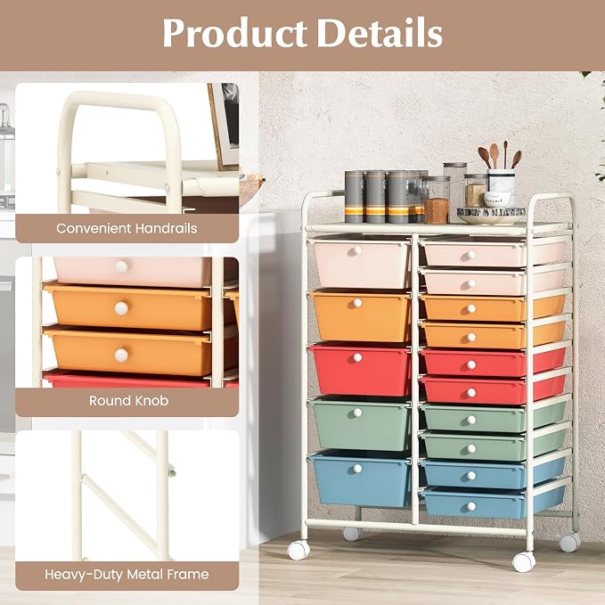 COSTWAY 15 Drawer Rolling Storage Cart, Mobile Storage Organizer | Removable Drawers & Metal Frame, Multipurpose Utility Tools Paper Organizer on Wheels for Home, Office (Macaron) - Image 6