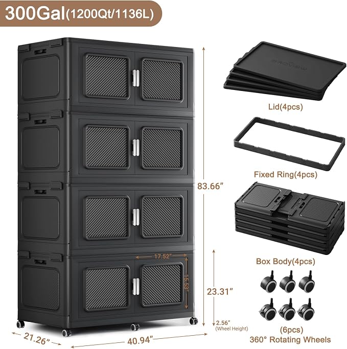 BROVIEW 1200 Qt Extra Large Stackable Storage Bin with Lids, 4 Pack Black | 300Gal Extra Large, Collapsible Storage Boxes with 4 Lids, Folding& Rolling Plastic Drawer, Heavy-Duty Cabinet Organization - Image 2