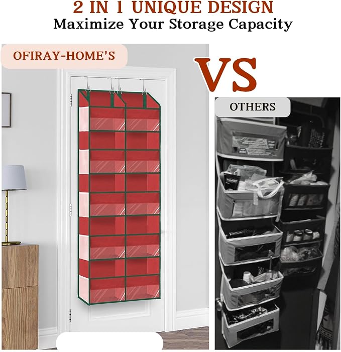 Over The Door Organizer 5 Tiers Extra Large Behind Door Storage of 10 | 80 lbs Weight Capacity Hanging Storage Organizer with Clear Window Kids Toys, Shoes, Diapers, Red - Image 5