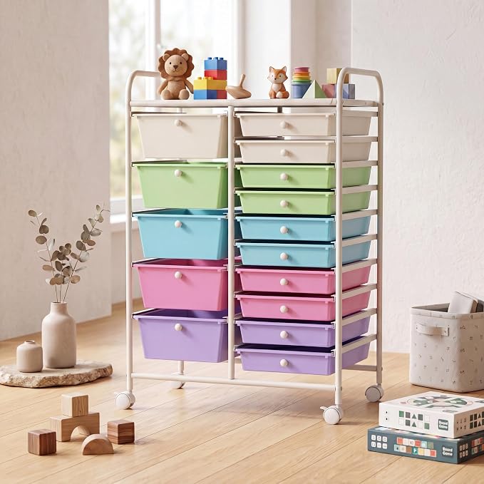 GOFLAME 15-Drawer Rolling Storage Cart, Craft Storage Cart with Removable Drawers & Lockable Wheels, Art Cart Supply Storage Organizer for Home Office Classroom, Ice Cream - Image 9