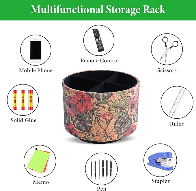 Round Leather Art Supply Organizer,Remote Control Holder,360 Degree Spinning,Multi-Functional Pencil Holder,4 Compartments Desktop Stationary Organizer(1-Wood Leather Banana)