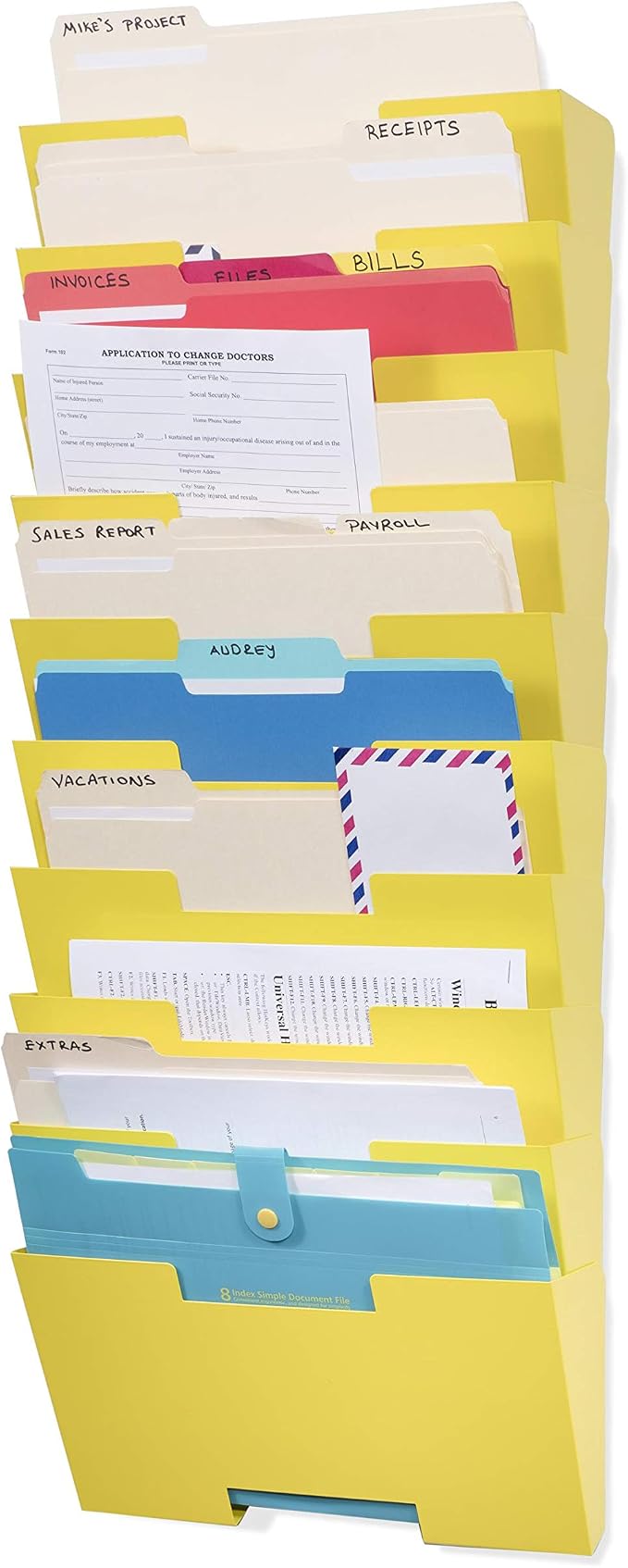 Wallniture Lisbon 10-Tier Metal Wall File Holder Organizer for Organization and Storage, Yellow Office Decor and Magazine Holder by Wallniture