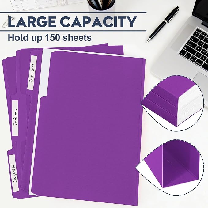 File Folders,Colored File Folders Letter Size 8.5" x 11",150 Pack 1/3 Cut Tab Bulk Folders,Durable Paper Folders with Blank Labels for Office Business School Home Use,Vivid Purple - Image 4