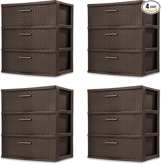 Sterilite 4 Pack 3 Drawer Wide Storage Tower, Weave Organizer, Espresso | Lightweight Opaque Home Storage Container for Bedrooms, Closets, or Bathrooms by Sterilite