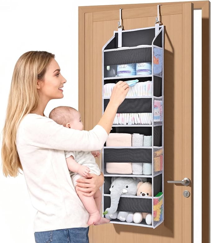 ULG 1 Pack Small Over Door Organizer with 4 Large Pockets 8 Mesh Side Pockets, Hanging Storage Organizer with Clear Window Kids Toys Deep Gray by ULG