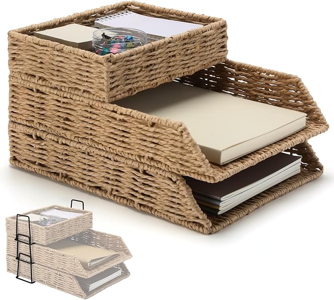 3 Pack Paper Rope Woven Stackable Desk Organizer Letter Tray, Primary Color Tabletop Desk Basket for Storage Paper Letter Folders Notebooks Copy Print, Workspace Holder by Geelin