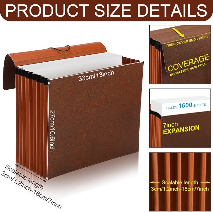 PerKoop 10 Pcs Expanding File Folder with Flap 7 Inch Expansion Expanding File Wallet with Elastic Cord Closure Letter Size Heavy Duty Document Organizer, 10 Slots, Brown - Image 2