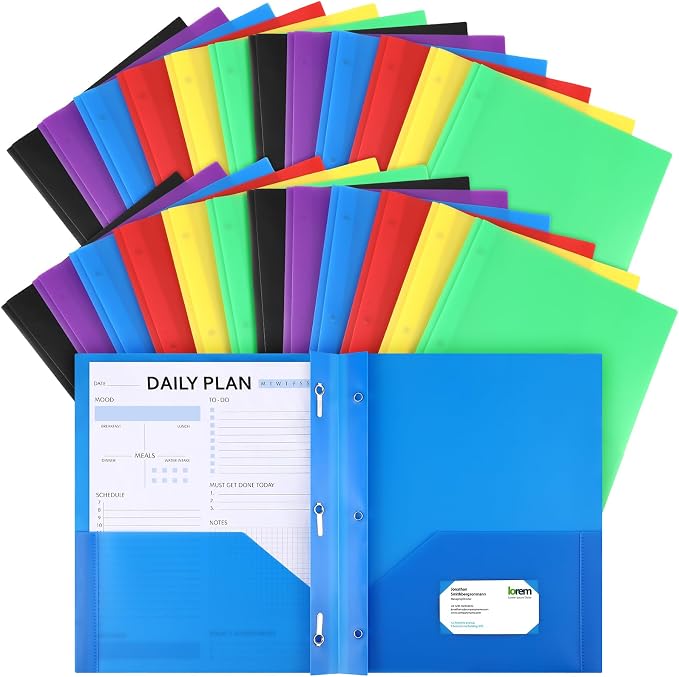 Cholemy 72 Packs Pocket Folders with Prongs Heavy Duty Plastic Folder with Business Card Slot 3 Prong Fasteners for School Office (Stylish) by Cholemy