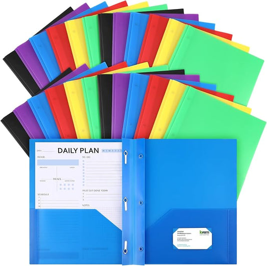 Cholemy 72 Packs Pocket Folders with Prongs Heavy Duty Plastic Folder with Business Card Slot 3 Prong Fasteners for School Office (Stylish) by Cholemy