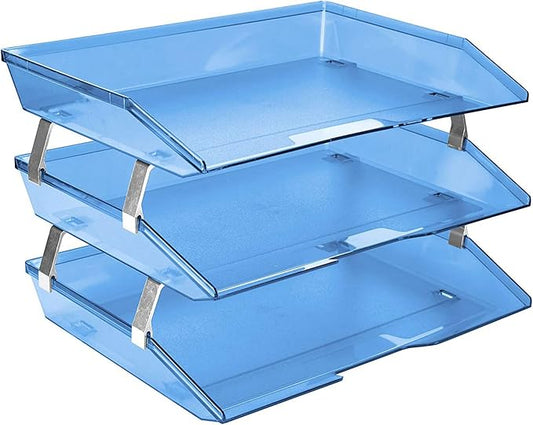 Acrimet Facility 3 Tier Letter Tray, Side Load, Letter Size/A4, Desktop File Organizer, Plastic (Clear Blue Color) | Document Tray with Aluminum Rods by Organizingyourlife