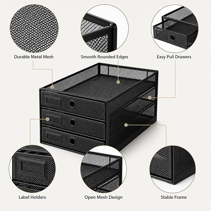 EXERZ Paper Sorter 3 Tier Drawers A4 / Multifunctional Desk Organiser/Letter Tray - Documents, Magazines, Notebooks and Letters | Pull Out Metal Mesh Drawers For A4 Documents Magazines Notebooks And Letters Space Saving Storage For Office Home Study - Image 3