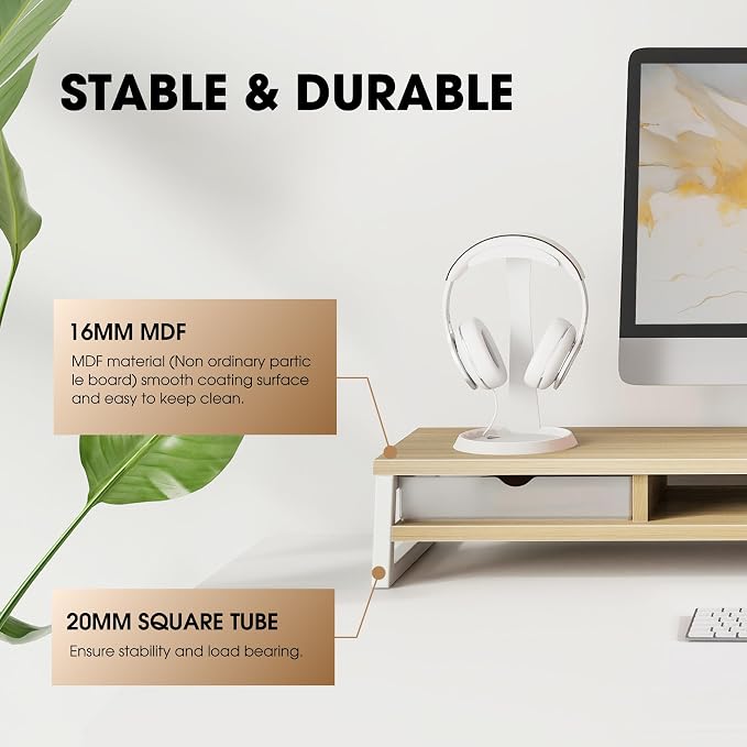 Fenge Dual Monitor Stand Riser, 42.5in Desk Shelf with 2 Drawers, Oak | 2-Tier Monitor Shelf for Desk, Storage Drawer with Stopper, Frosted, fit Home Office, Ultrawide Screen, PC, Laptop, TV - Image 4