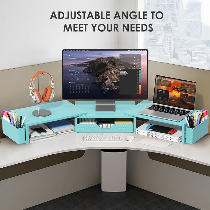 Desk Organizers and Accessories, Dual Monitor Stand Riser with Drawer and 2 Pen Holders, Desk Shelf Computer Monitor Stand for Office Workspace Organizers, Desktop Organization (Blue) - Image 5