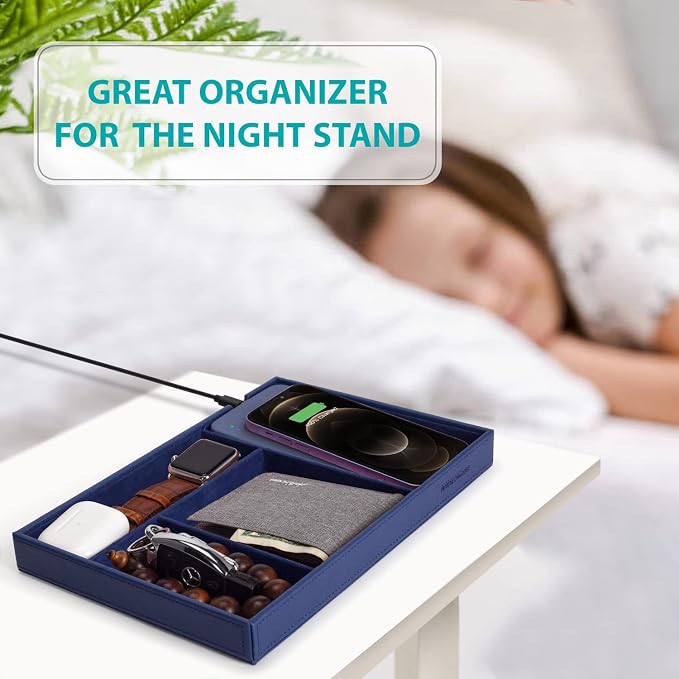 Valet Tray, Built in Wireless Charging Pad, Nightstand Organizer, Bedside Organizer, Mens Jewelry Box, Everyday Carry Tray for Men and Women -Blue - Image 3