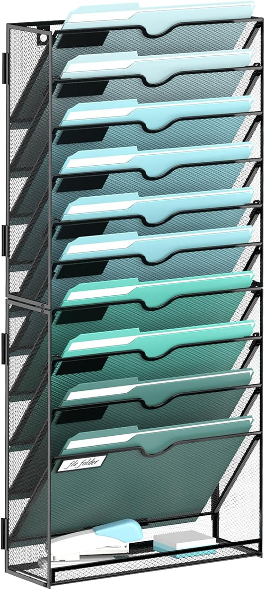 11-Tier Wall File Organizer, Hanging File Holder, Wall Mounted Mail Sorter | Metal Mesh Hanging File Organizer with Open Compartments and Label Panels for Papers and Folders at Home, Office or School by SUPEASY