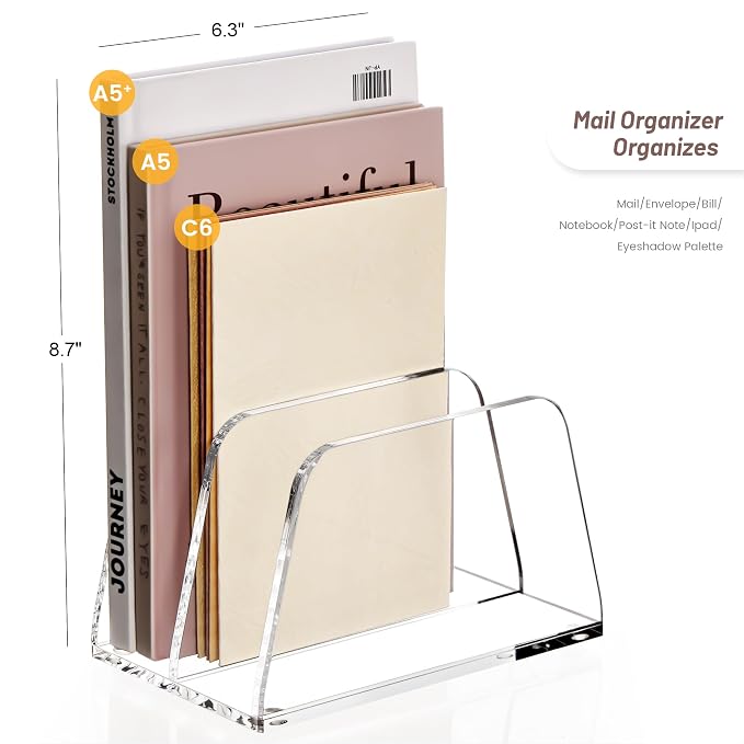 YUXUN Acrylic Mail Organizer,2 Sections Vertical Desk Organizer,Clear Envelope Holder Bill Organizer Letter Sorter for Mail,Envelope,Bill,Notebook,Post-it Note for Home,Office,Classroom - Image 3