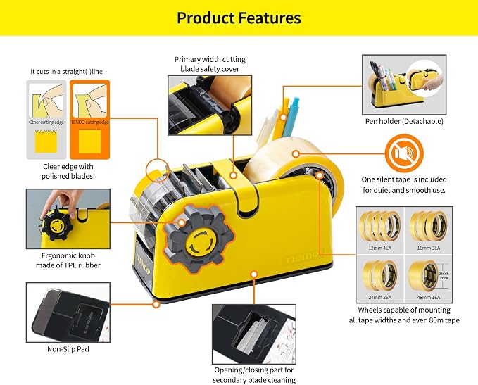 [TENDO°] TENDO Multi-Section Tape Dispenser, Custom Width Tape Cutter with 4 Cutting Sections, Built-in Safety Blade, Ergonomic Grip for Packing and Office Use, ZO-508(Yellow) - Image 3