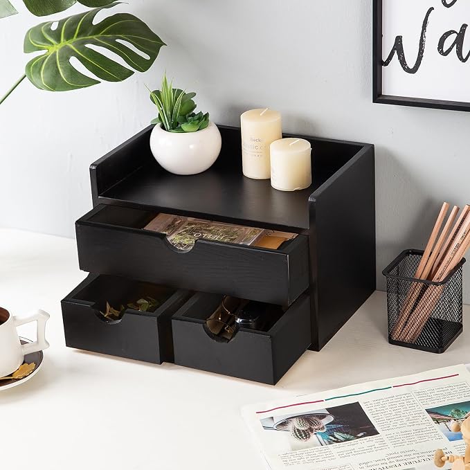 Rustic Distressed white 3-Tier Wood Desk Organizer with 3 Drawers Mini Storage Shelf For Desk, Toiletries Vanity Office Supplies (Black) - Image 2