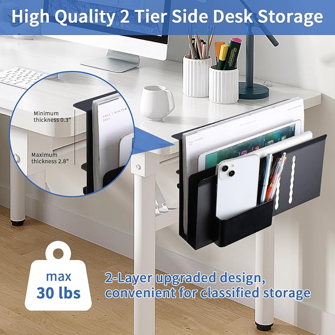LUKETURE Desk Side Storage, 2 Tie Laptop Holder No Drill Clamp On Organizer | Steel Side Desk Organizer, Clamp on Laptop Mount with Pen Holder, Hanging Storage for Home Office, Fits 0.3" to 2.8" - Image 4