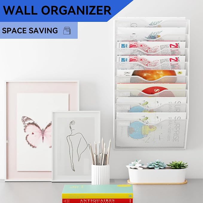 8 Pockets Mesh Hanging Wall File Holder Organizer Wall Mounted Paper Magazine Rack, White - Image 2