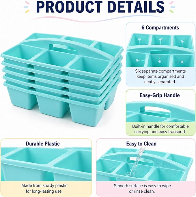 gisgfim 6 Pack Plastic Classroom Caddy with 6-Compartments Plastic Storage Caddies with Handle 6 Compartments Table Caddy Organizer Versatile Table Caddies for Classroom Office Storage, Lake Blue - Image 3