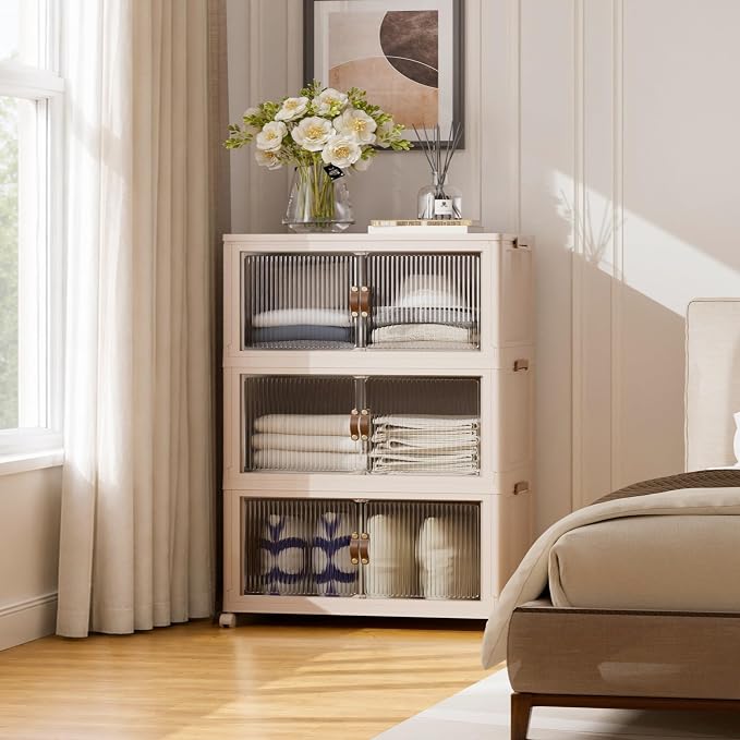 SAILUN 381Qt Extra Large Stackable Storage Bins Folding Collapsible Storage Bins with a Lid, Closet Organizers and Storage Blush White 28" W x 17" D x 46" H | Stackable Storage Drawers with Lids,28" W x 17" D x 46" H,Featuring open-front Access for Clo... by SAILUN
