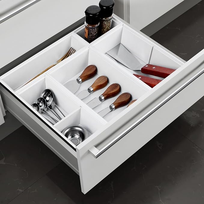 Bamboo Drawer Organizer,5 PCS White Bathroom Tray&Desk Organizers and Storage,Cabinet Divider With Removable Silverware Organization for Kitchen,Utensils,Junk,Office,Makeup - Image 5