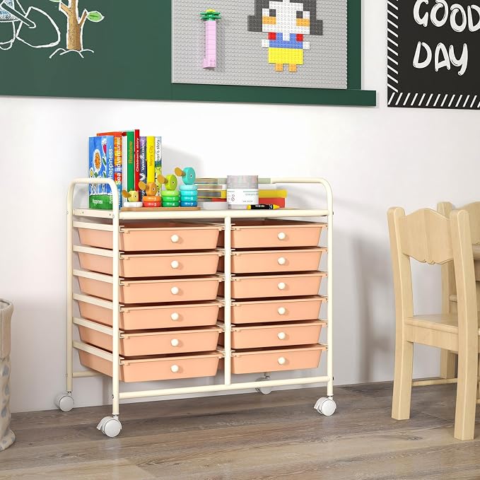 GOFLAME 12-Drawer Rolling Storage Cart, Multifunctional Art Craft Organizer Cart, Mobile Utility Storage Cart with Removable Drawers & Lockable Wheels, Craft Cart for Home Office School, Peach Fuzz - Image 2