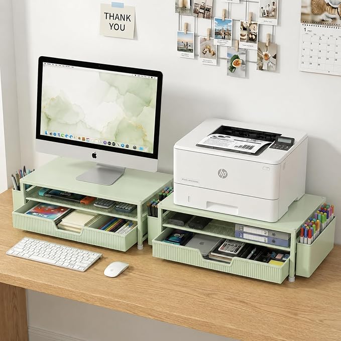 ECOLOVI Desk Organizer and Accessories, 2-Tier Computer Monitor Stand Rise with Storage Drawer & 2 Pen Holders, Laptop & Printer Stand for Desktop, Workspace Organizers for Office Supplies (Green) - Image 6