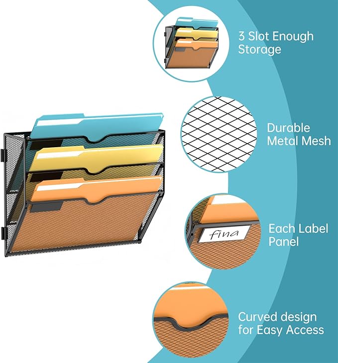 3 Tier Wall File Organizer, Hanging Wall Mounted Mail Organizer with Label Slots, Metal Mesh File Holder Magazine Rack for Office, Home, School or Classroom, Black - Image 3