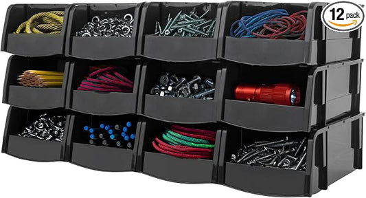 IRIS USA 12-Pack, Small Stackable Storage Bins, Black | Organize small parts, hardware, craft supplies, pantry items, and household essentials with open-front access, stackable bins by IRISUSA
