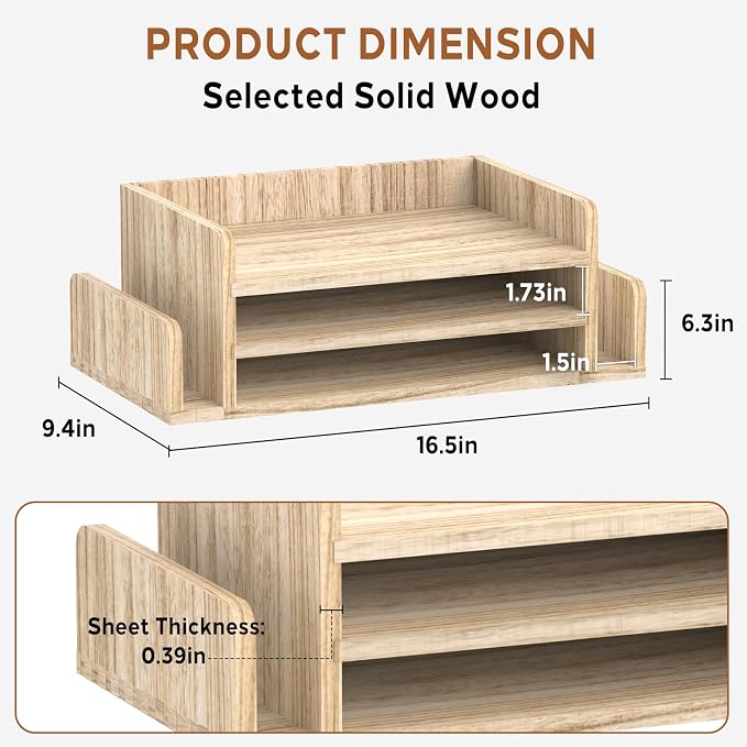 Wooden Desk Organizer, 3-Tier Paper Trays with 2 Mail Sorters, Natural Wood | Fully assembled with open shelves and side slots for sorting files, folder, letter, bill, magazine, notebook - Image 3