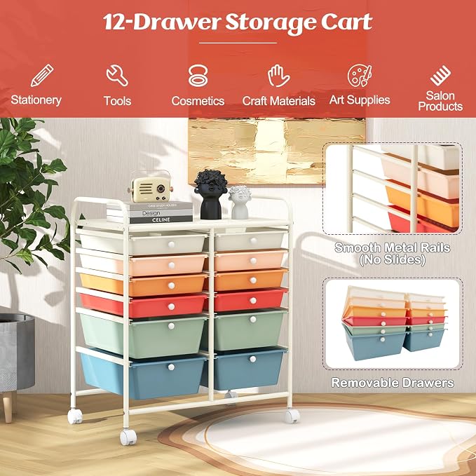 COSTWAY 12-Drawer Rolling Storage Cart, Moveable Art Craft Organizer | Lockable Wheels, Metal Shelf, Files Arrangement Tools Makeup Storage Cart for Office, Home, School (Macaron) - Image 4