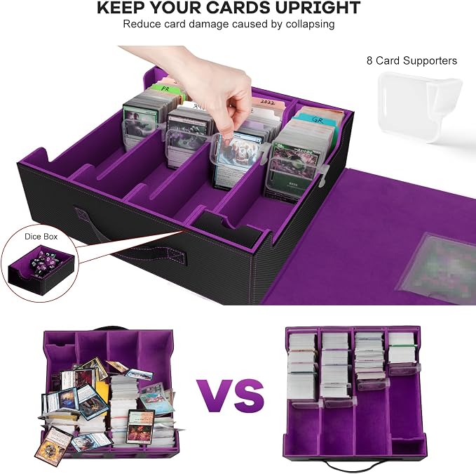Trading Card Storage Box - 3200+ MTG Deck Box with Commander Display & Portable Handle, 4-Row Card Case Compatible for MTG/TCG/Magic Cards, 30 Colorful Divider, 8 Card Supporters (Black & Purple) - Image 6
