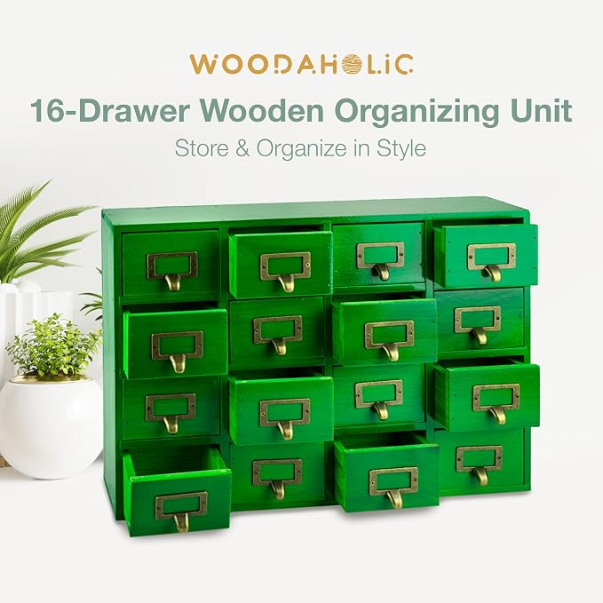 Emerald Green Wood 16-Drawer Apothecary Small Cabinet - 20"x3.6”x14” Card Catalog Style Table Top Organizer - Wooden Storage Box w/16 Drawers - 4-Level Countertop Organizer w/Label Holders & Handles - Image 4