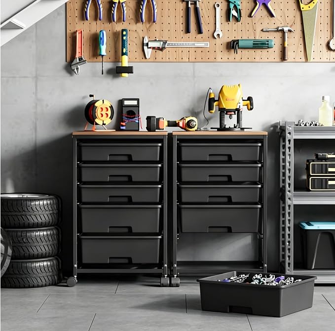 SYKIARIOL 5-Tier Rolling Cart with Drawers with Wooden Top, Black | Mobile Craft Storage Drawer Cart Trolley for Home Office, Classroom, Craft Room & Kid Room - Image 4