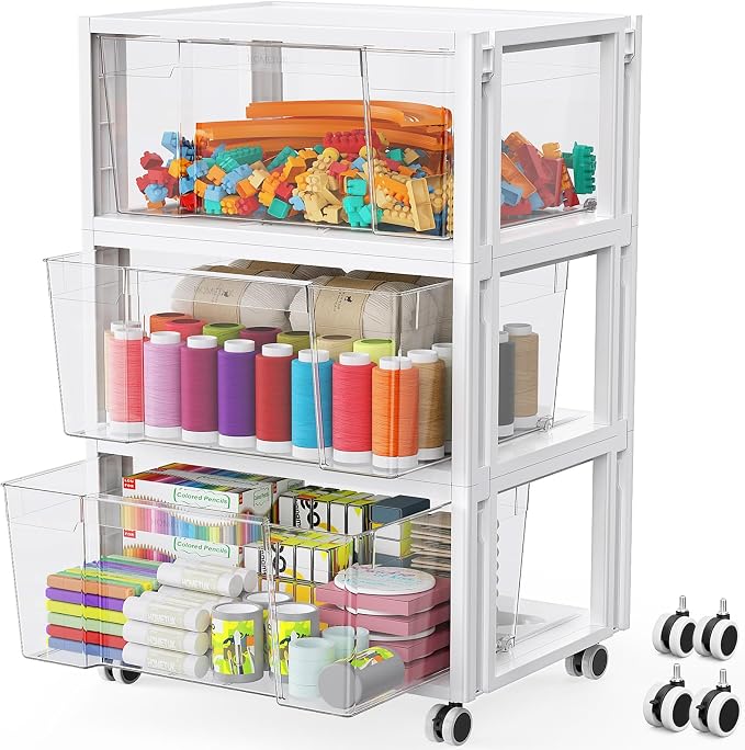 Stackable Storage Drawer Carts, Extra Large Bins 3 Tier 3 Drawers | Smooth Pull-Out Drawers, Clear Plastic Storage Organizer Container For Home Office Bedroom Bathroom Art Crafts Under Desk by HOMETUK