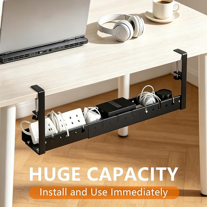 Under Desk Cable Tray, Clamp-On, 12-21.6in Expandable Metal Wire Organizer | drill-free quick installation, 22lbs load bearing, ventilated bottom, fits motorized standing desks, tidies messy wiring - Image 5