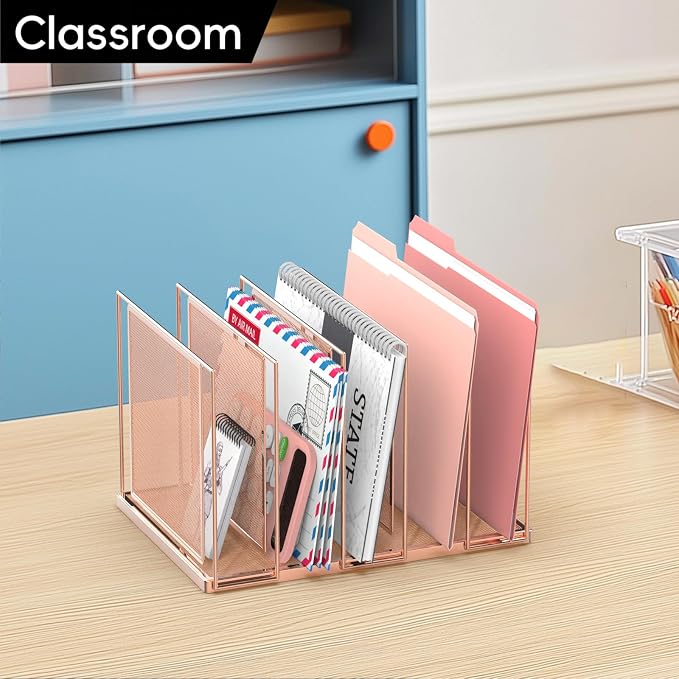 File Organizer for Desk, 5-Section Vertical File Sorter, Paper Holder Organizer Standing Metal File Folder for Office Home Classroom, Rose Gold - Image 6