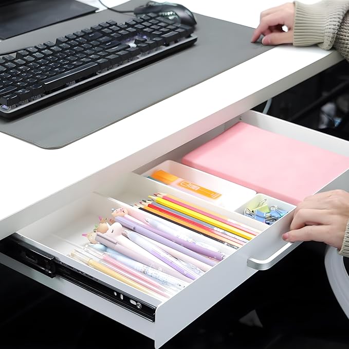 Under Desk Drawer 21" with 4 Divider Trays, Storage Drawer Organizer | White, Under Counter, Desk Accessory, Attachable for Workbench, Adjustable Brackets, for Desk Lip with Crossbar, Clamp Mount - Image 7
