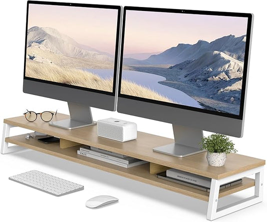 Fenge Dual Monitor Riser for Desk, Open Shelf with 3 Storage Compartments | 42.5in Computer Monitor Stand, 2-Tier Desk Shelf for Top of Desk,One-Piece Panel, fit Ultrawide Monitor, PC, Laptop, Oak by Fenge